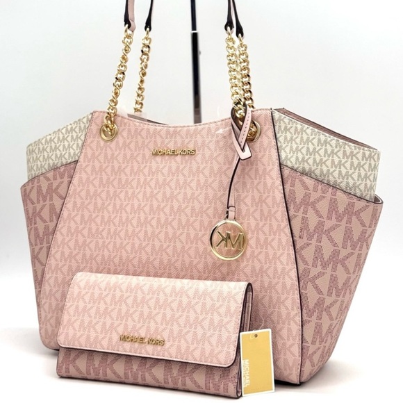 Michael Kors Large Jet Set Travel Shoulder Bag & Trifold Wallet Light Pink Multi - Picture 1 of 13